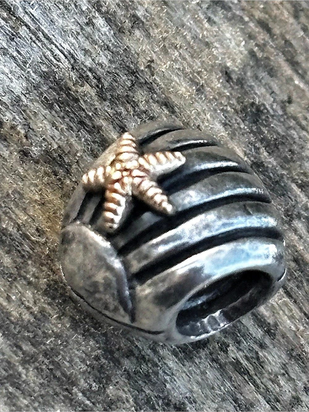 Pandora Two Tone Silver & 14K Gold Seashell with Starfish Charm Seashell